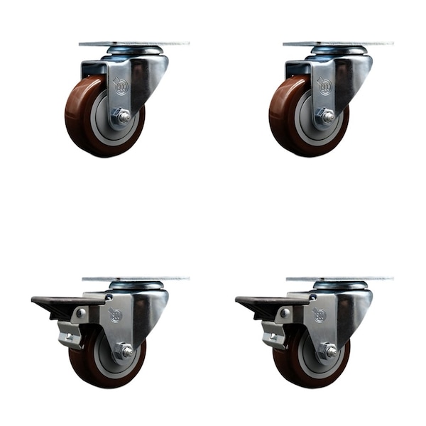 3'' Maroon Poly Wheel Swivel Top Plate Caster Set with 2 Posi Brakes, 4PK